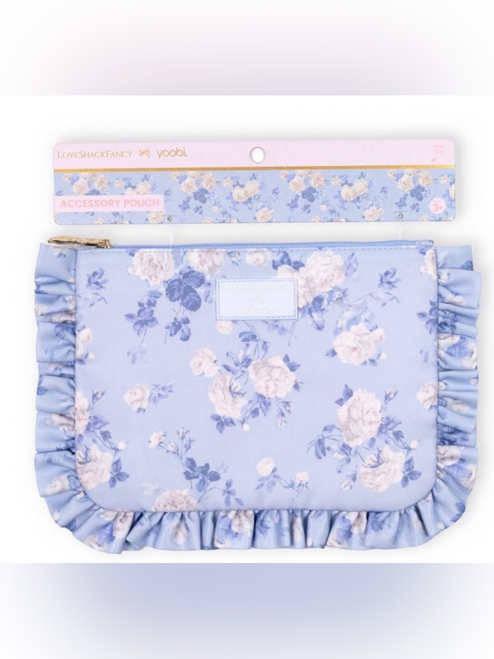 NWT LoveShackFancy x Yoobi - Light Blue Floral Ruffle Cosmetic Pouch